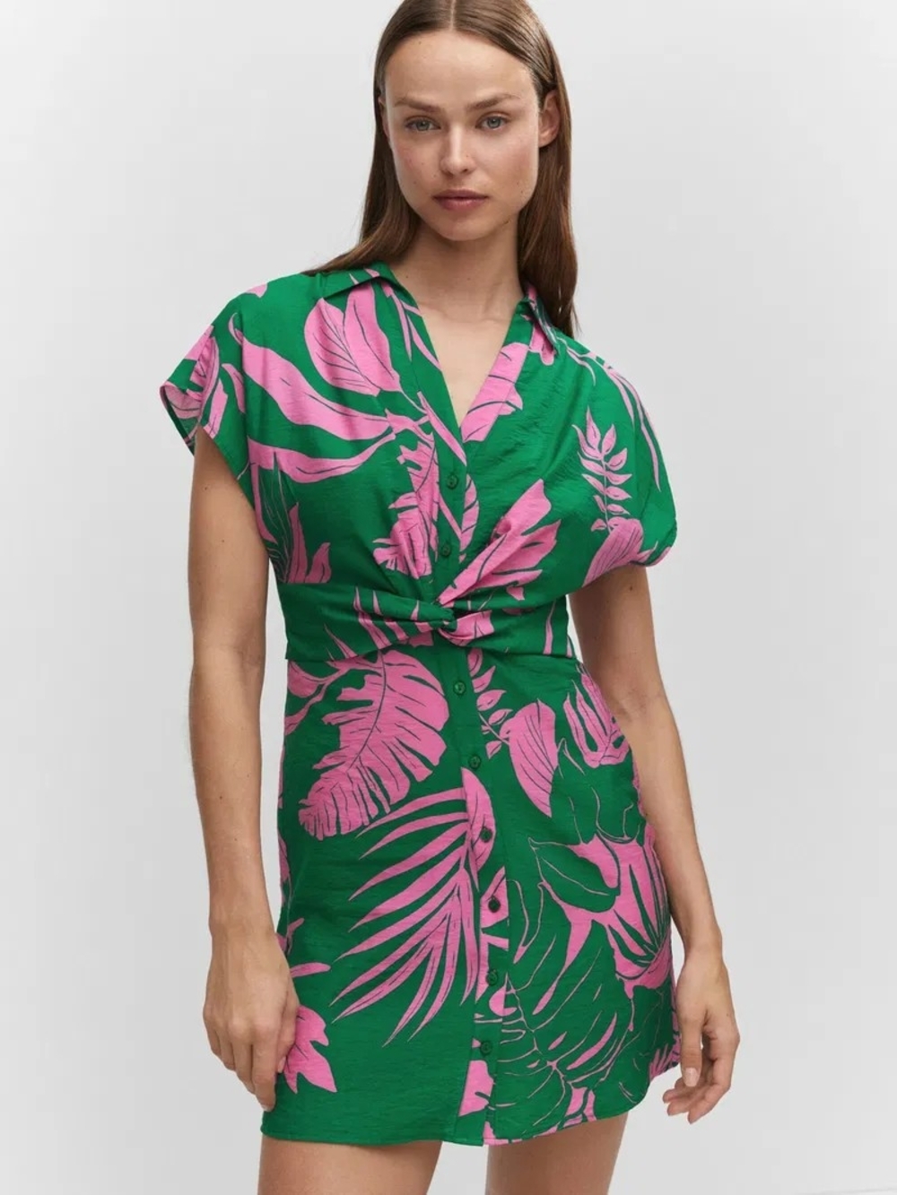 MANGO Mila Shirt Mini Dress with Pink Tropical Print Euro M USA 6